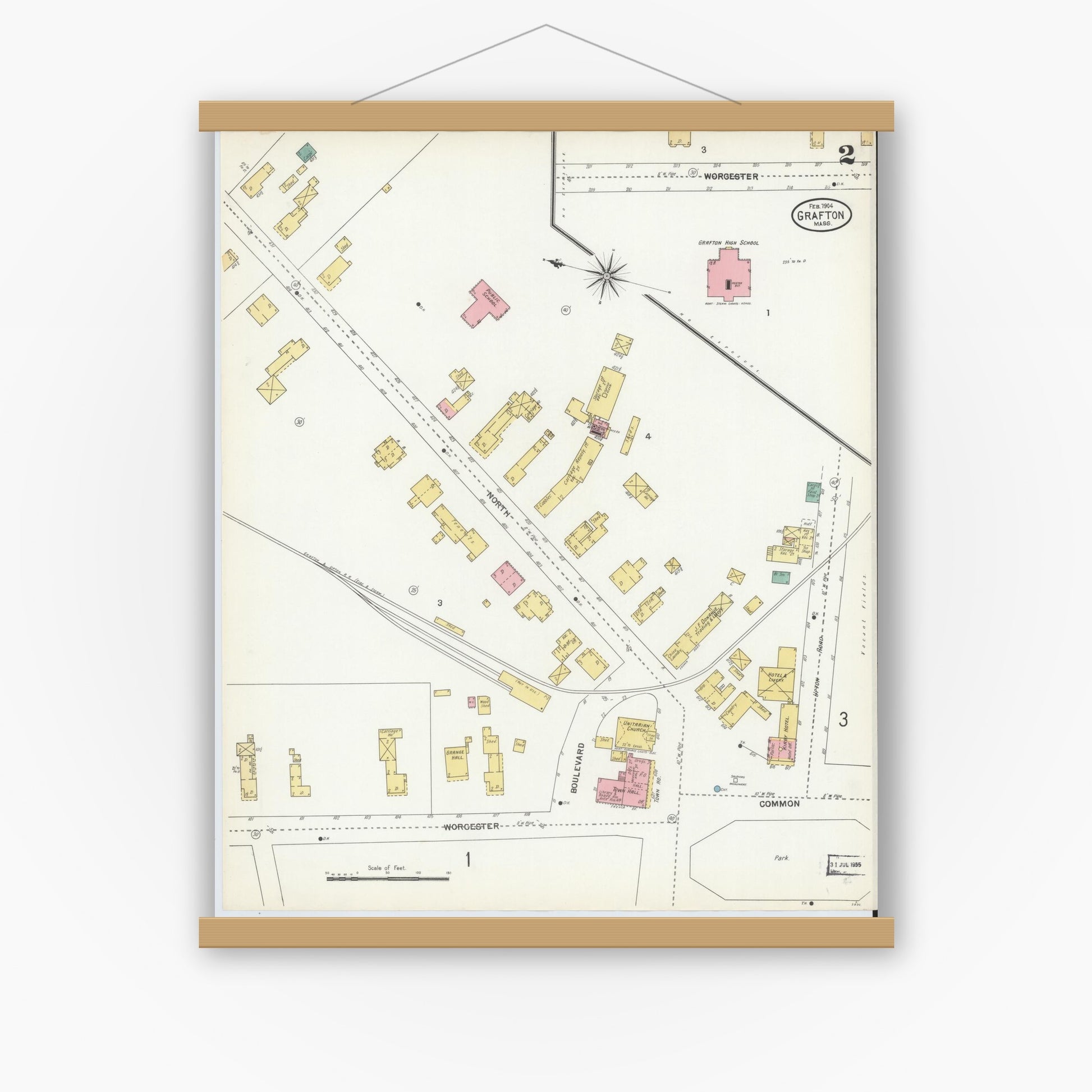 Old map wall art mockup — magnetic wood frame on white wall — Sanborn Fire Insurance Map from Grafton, Worcester County, Massachusetts (1904), Sheet #0002
