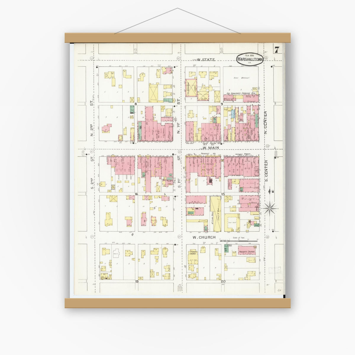 Old map wall art mockup — magnetic wood frame on white wall — Sanborn Fire Insurance Map from Marshalltown, Marshall County, Iowa (1894), Sheet #0007