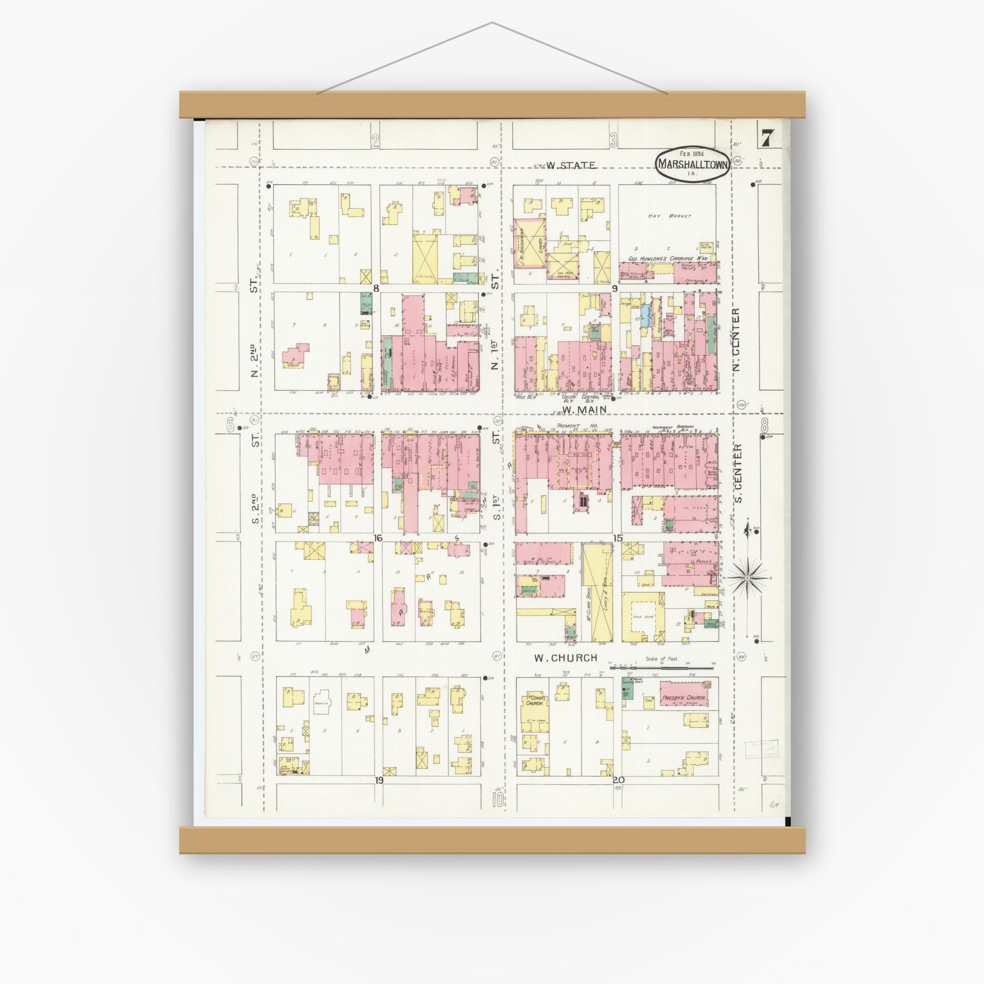 Old map wall art mockup — magnetic wood frame on white wall — Sanborn Fire Insurance Map from Marshalltown, Marshall County, Iowa (1894), Sheet #0007