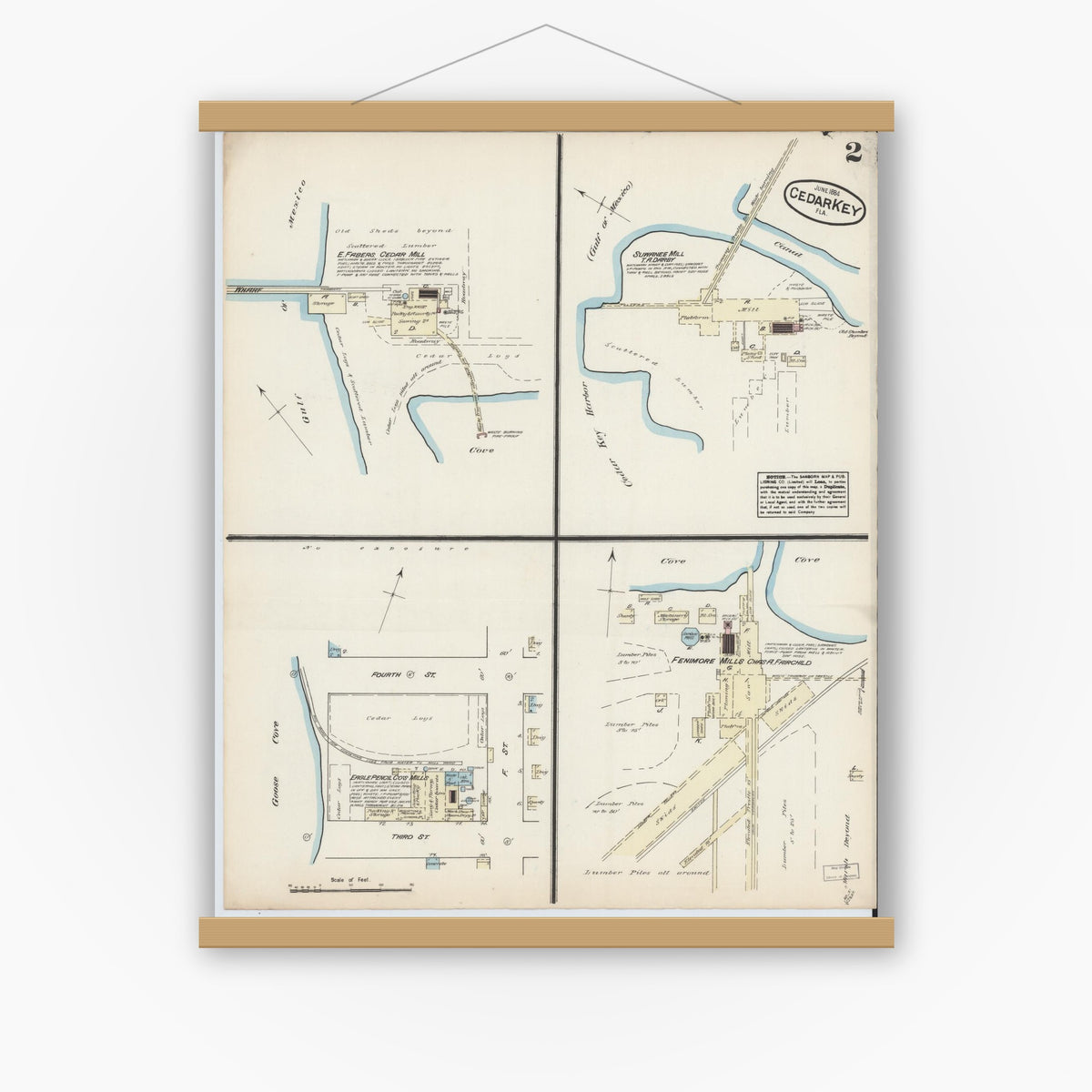 Old map wall art mockup — magnetic wood frame on white wall — Sanborn Fire Insurance Map from Cedar Key, Levy County, Florida (1884), Sheet #0002
