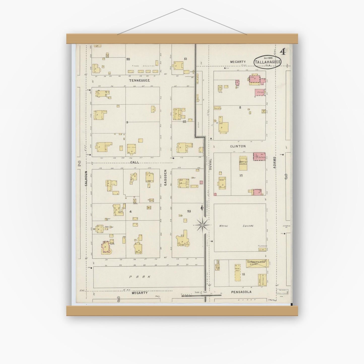 Old map wall art mockup — magnetic wood frame on white wall — Sanborn Fire Insurance Map from Tallahassee, Leon County, Florida (1895), Sheet #0004