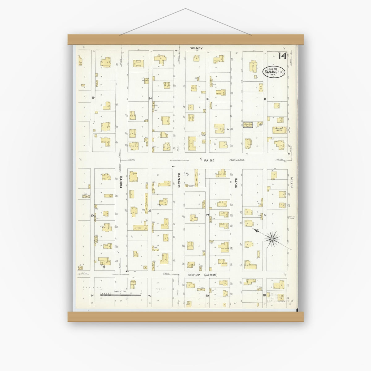 Old map wall art mockup — magnetic wood frame on white wall — Sanborn Fire Insurance Map from San Angelo, Tom Green County, Texas (1908), Sheet #0014