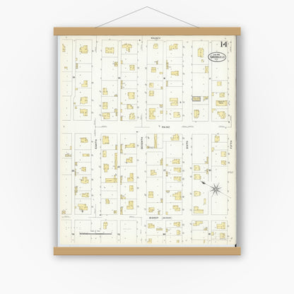 Old map wall art mockup — magnetic wood frame on white wall — Sanborn Fire Insurance Map from San Angelo, Tom Green County, Texas (1908), Sheet #0014