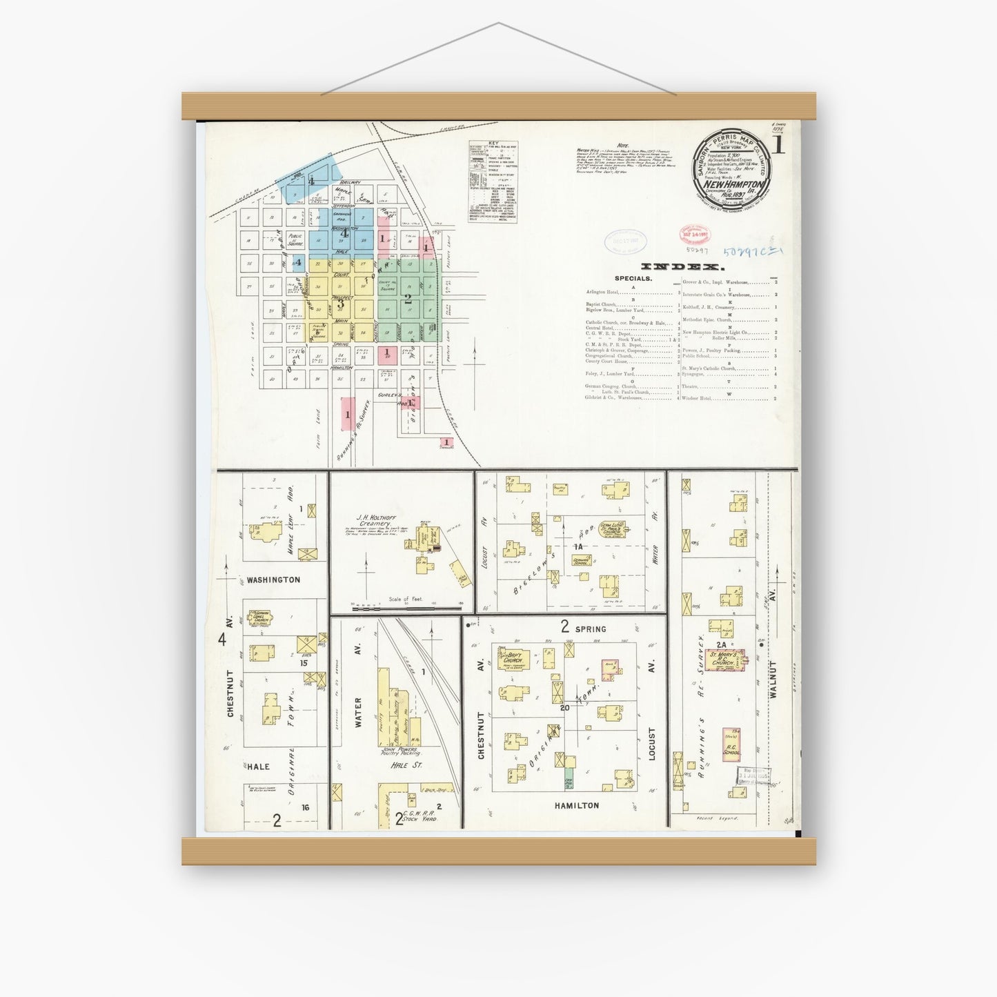 Old map wall art mockup — magnetic wood frame on white wall — Sanborn Fire Insurance Map from New Hampton, Chickasaw County, Iowa (1897) â€” Complete Set