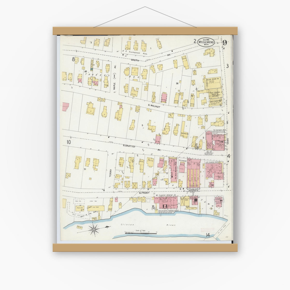Old map wall art mockup — magnetic wood frame on white wall — Sanborn Fire Insurance Map from Mount Clemens, Macomb County, Michigan (1903), Sheet #0009
