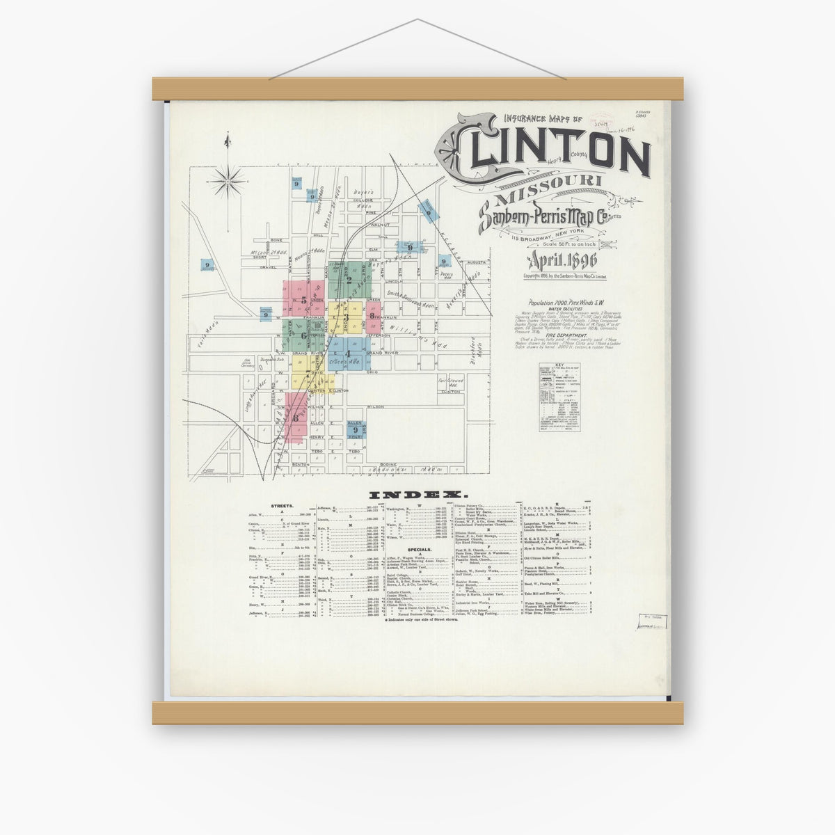Old map wall art mockup — magnetic wood frame on white wall — Sanborn Fire Insurance Map from Clinton, Henry County, Missouri (1896) - Complete Map Set
