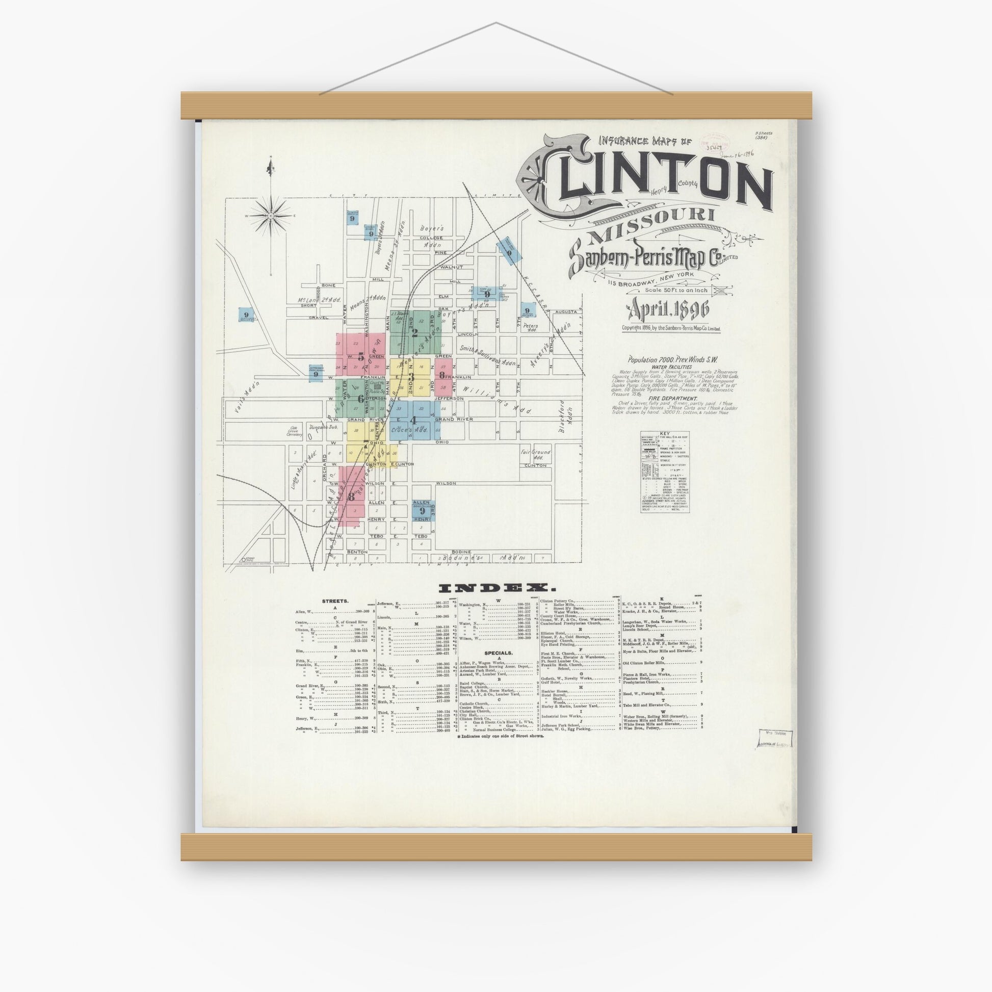Old map wall art mockup — magnetic wood frame on white wall — Sanborn Fire Insurance Map from Clinton, Henry County, Missouri (1896) - Complete Map Set