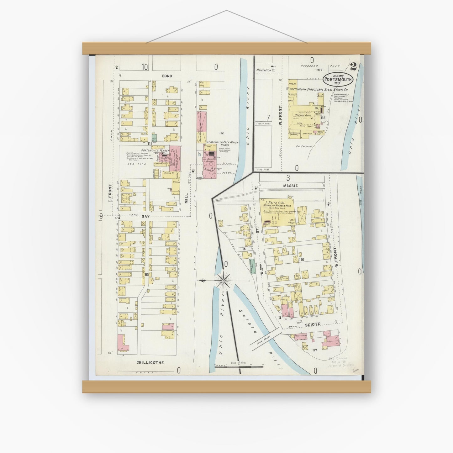 Old map wall art mockup — magnetic wood frame on white wall — Sanborn Fire Insurance Map from Portsmouth, Scioto County, Ohio (1897), Sheet #0002
