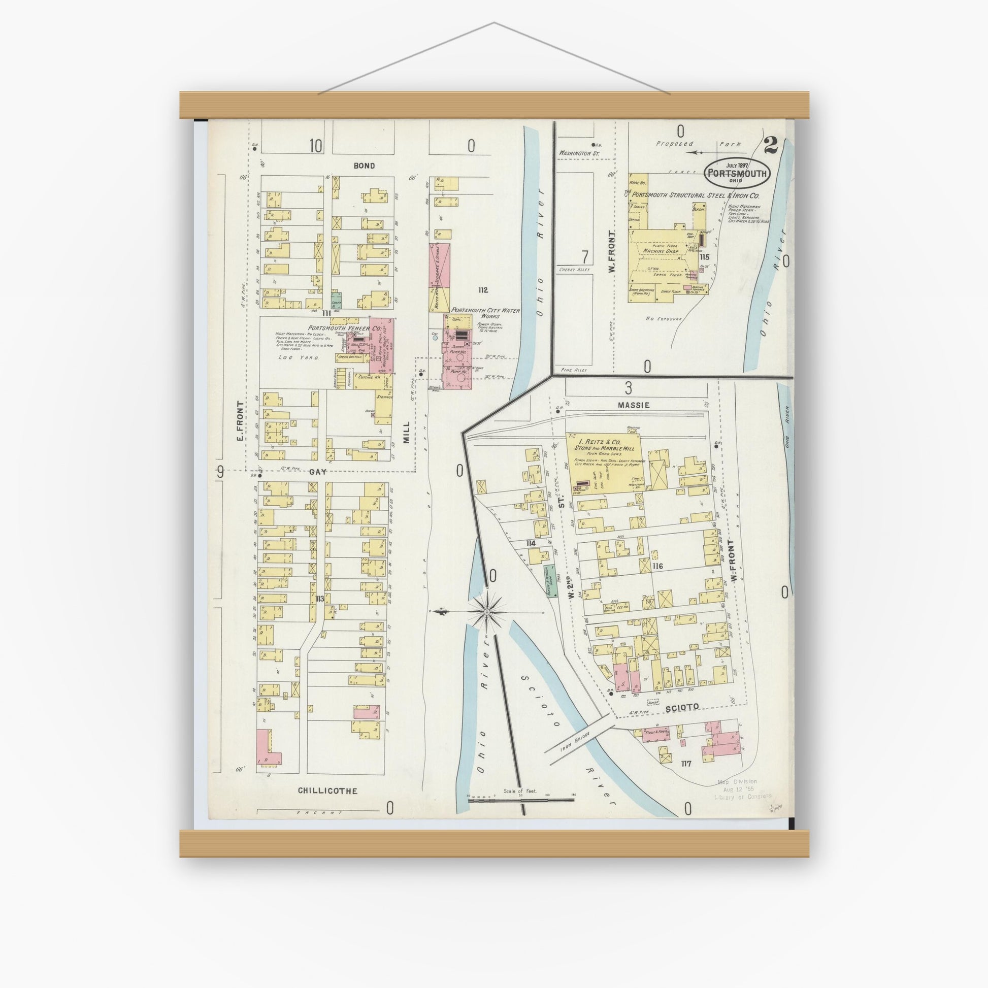 Old map wall art mockup — magnetic wood frame on white wall — Sanborn Fire Insurance Map from Portsmouth, Scioto County, Ohio (1897), Sheet #0002