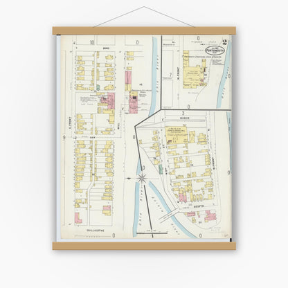 Old map wall art mockup — magnetic wood frame on white wall — Sanborn Fire Insurance Map from Portsmouth, Scioto County, Ohio (1897), Sheet #0002