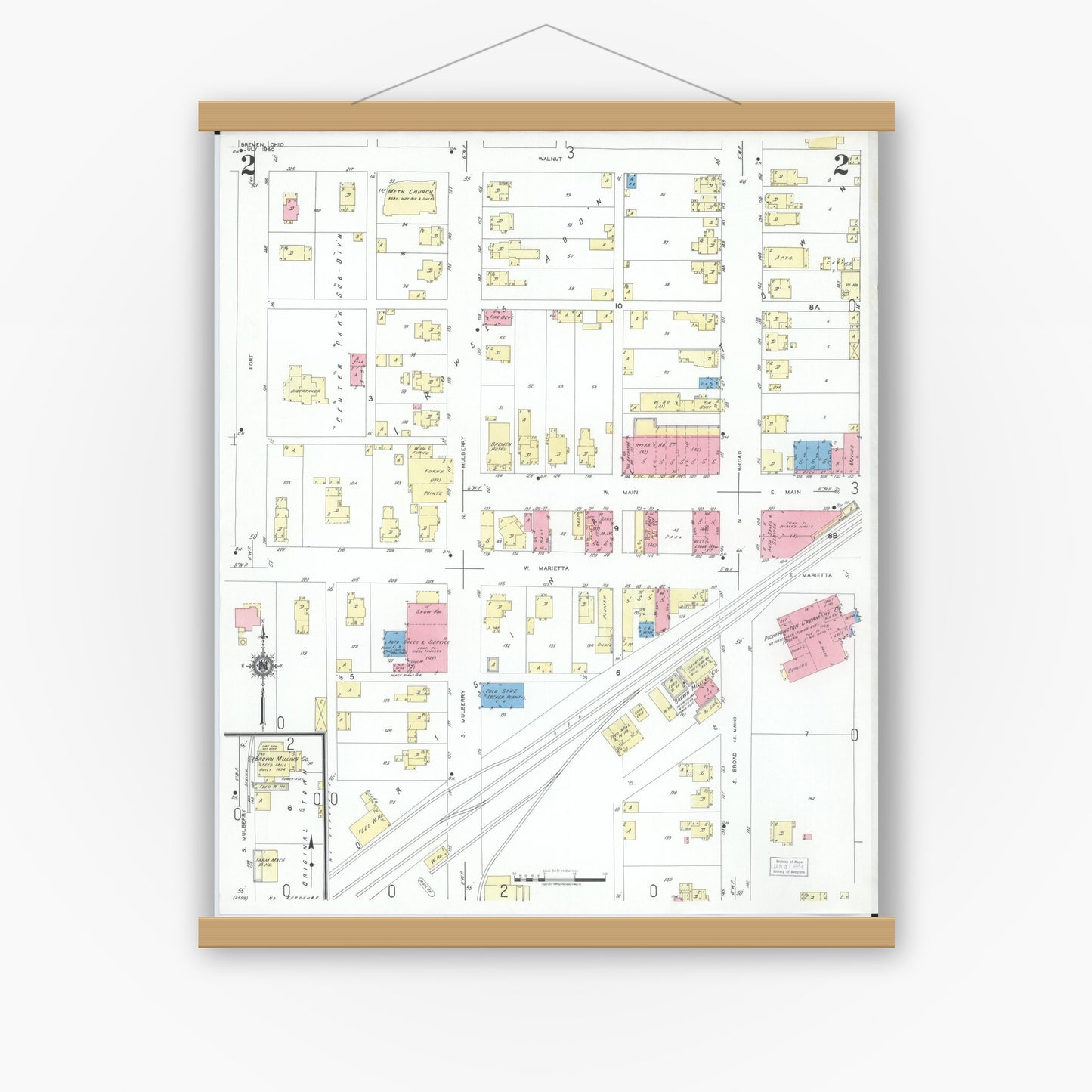 Old map wall art mockup — magnetic wood frame on white wall — Sanborn Fire Insurance Map from Bremen, Fairfield County, Ohio (1950), Sheet #0002
