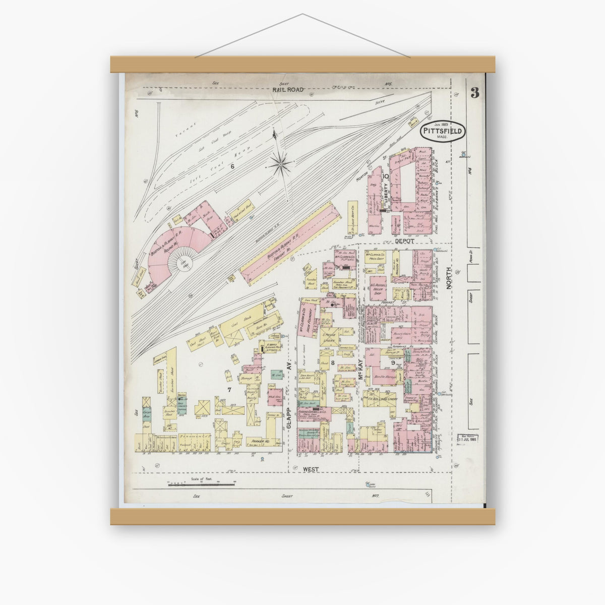 Old map wall art mockup — magnetic wood frame on white wall — Sanborn Fire Insurance Map from Pittsfield, Berkshire County, Massachusetts (1889), Sheet #0003