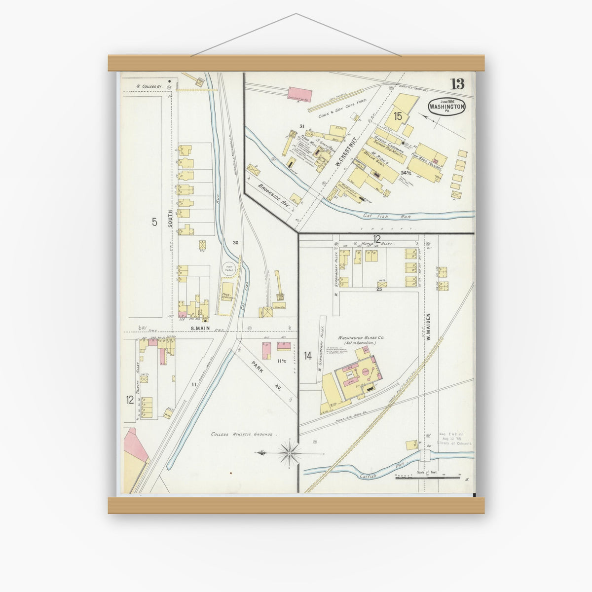 Old map wall art mockup — magnetic wood frame on white wall — Sanborn Fire Insurance Map from Washington, Washington County, Pennsylvania (1896), Sheet #0013