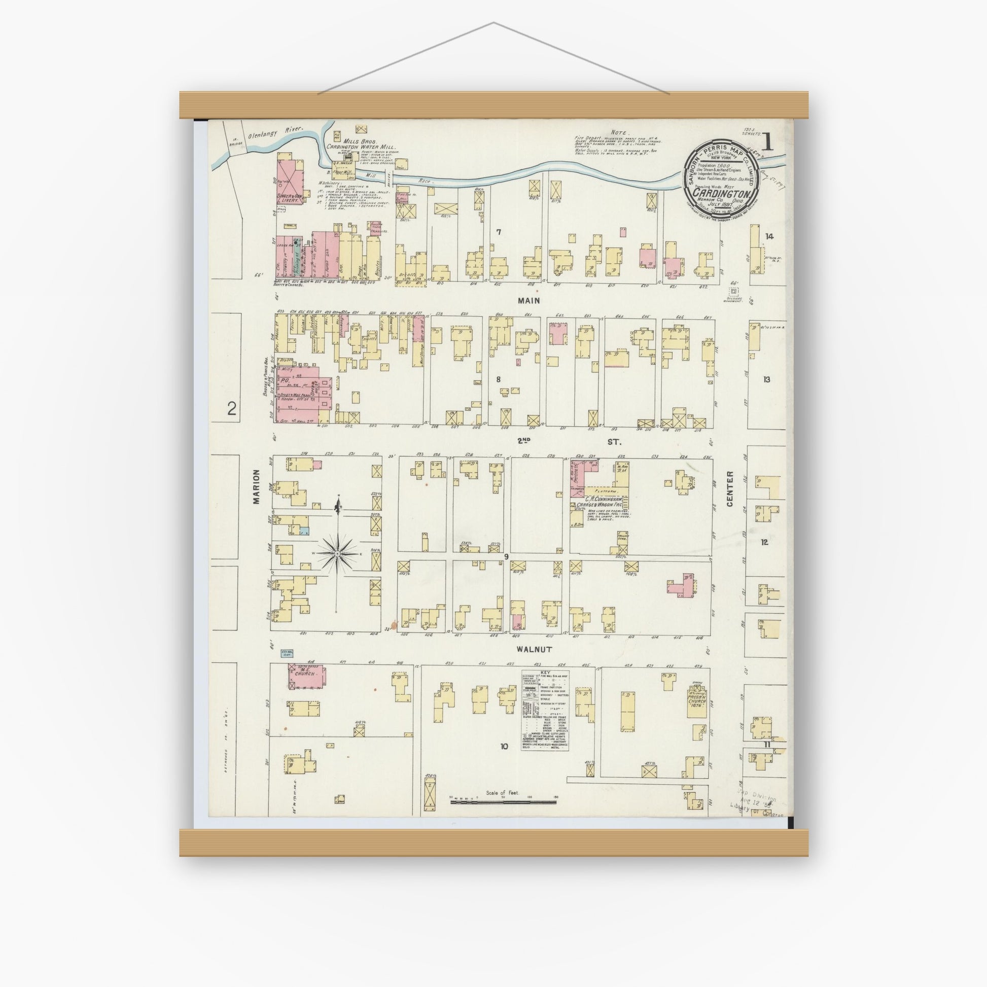 Old map wall art mockup — magnetic wood frame on white wall — Sanborn Fire Insurance Map from Cardington, Morrow County, Ohio (1897) - Complete Map Set