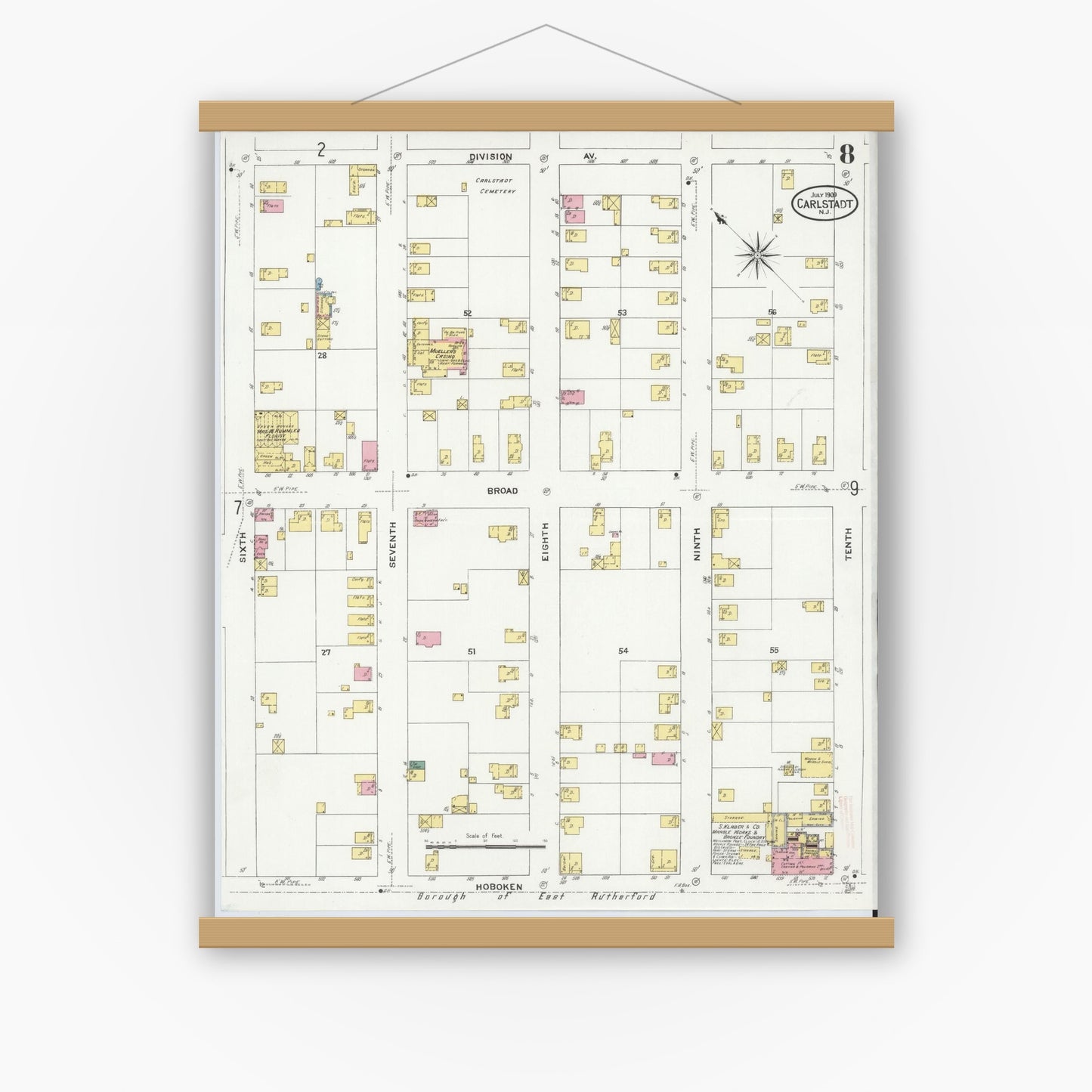 Old map wall art mockup — magnetic wood frame on white wall — Sanborn Fire Insurance Map from Carlstadt, Bergen County, New Jersey (1909), Sheet #0008
