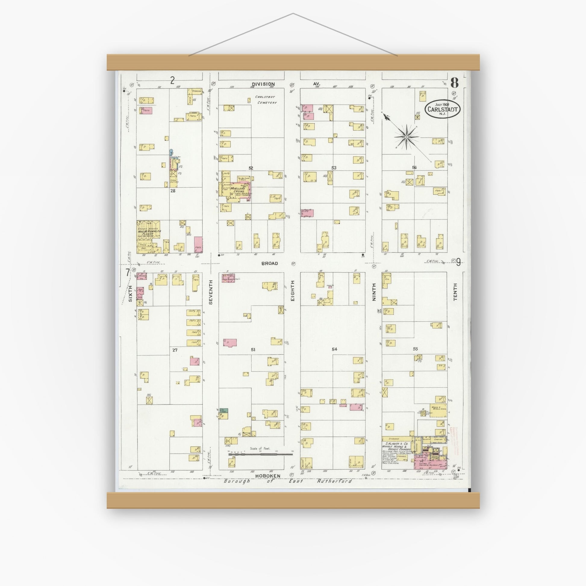Old map wall art mockup — magnetic wood frame on white wall — Sanborn Fire Insurance Map from Carlstadt, Bergen County, New Jersey (1909), Sheet #0008