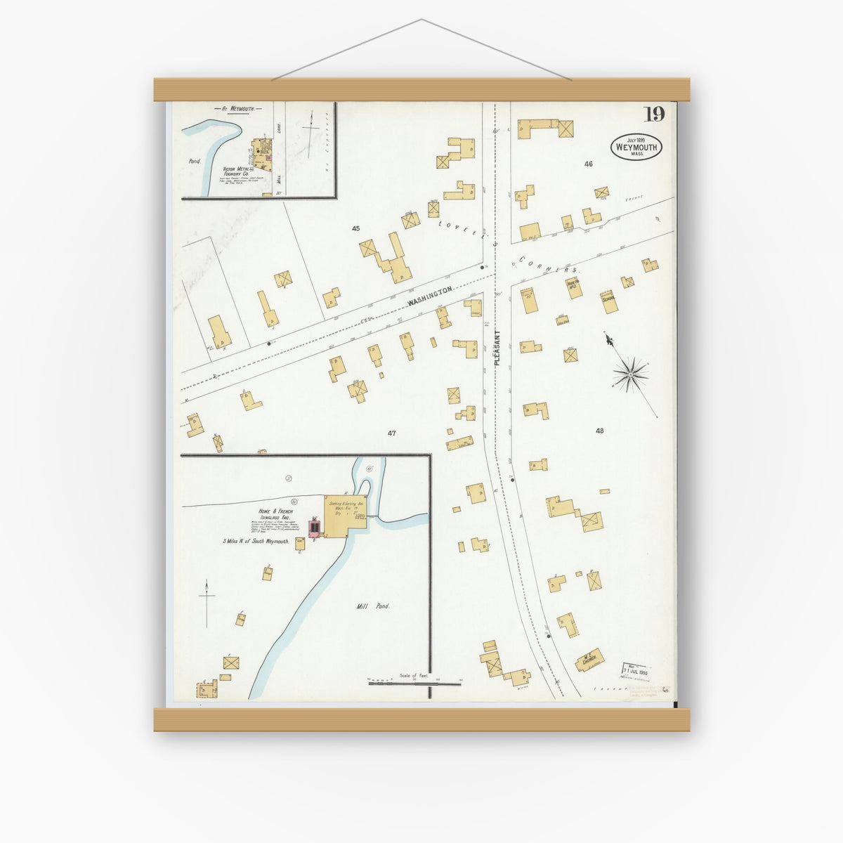 Old map wall art mockup — magnetic wood frame on white wall — Sanborn Fire Insurance Map from Weymouth, Norfolk County, Massachusetts (1899), Sheet #0019