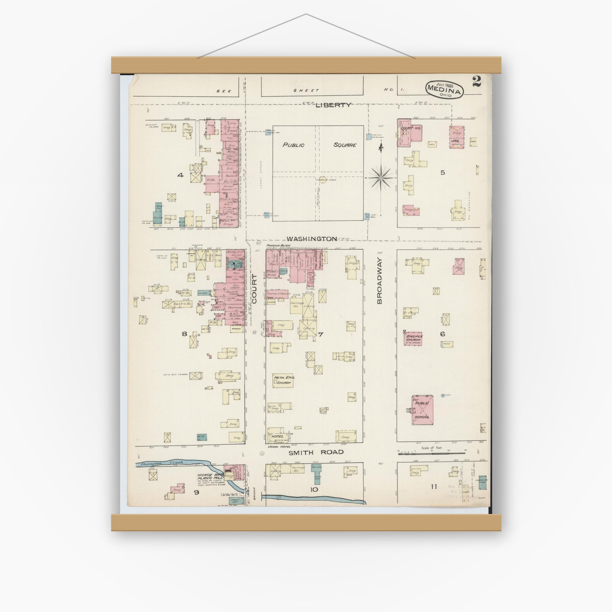 Old map wall art mockup — magnetic wood frame on white wall — Sanborn Fire Insurance Map from Medina, Medina County, Ohio (1885), Sheet #0002