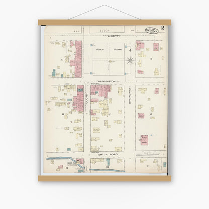 Old map wall art mockup — magnetic wood frame on white wall — Sanborn Fire Insurance Map from Medina, Medina County, Ohio (1885), Sheet #0002
