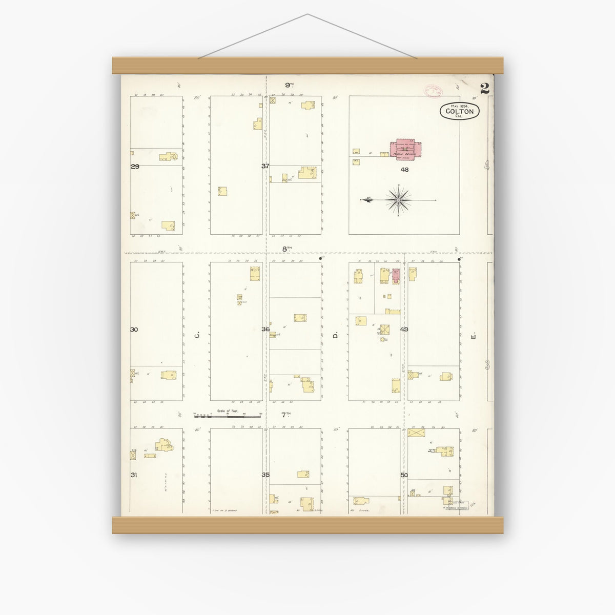 Old map wall art mockup — magnetic wood frame on white wall — Sanborn Fire Insurance Map from Colton, San Bernardino County, California (1894), Sheet #0002