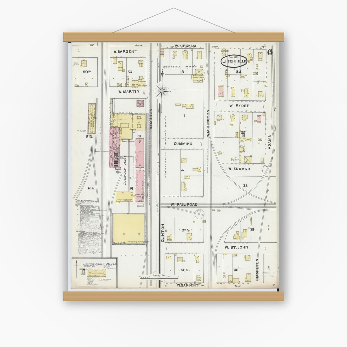 Old map wall art mockup — magnetic wood frame on white wall — Sanborn Fire Insurance Map from Litchfield, Montgomery County, Illinois (1892), Sheet #0006