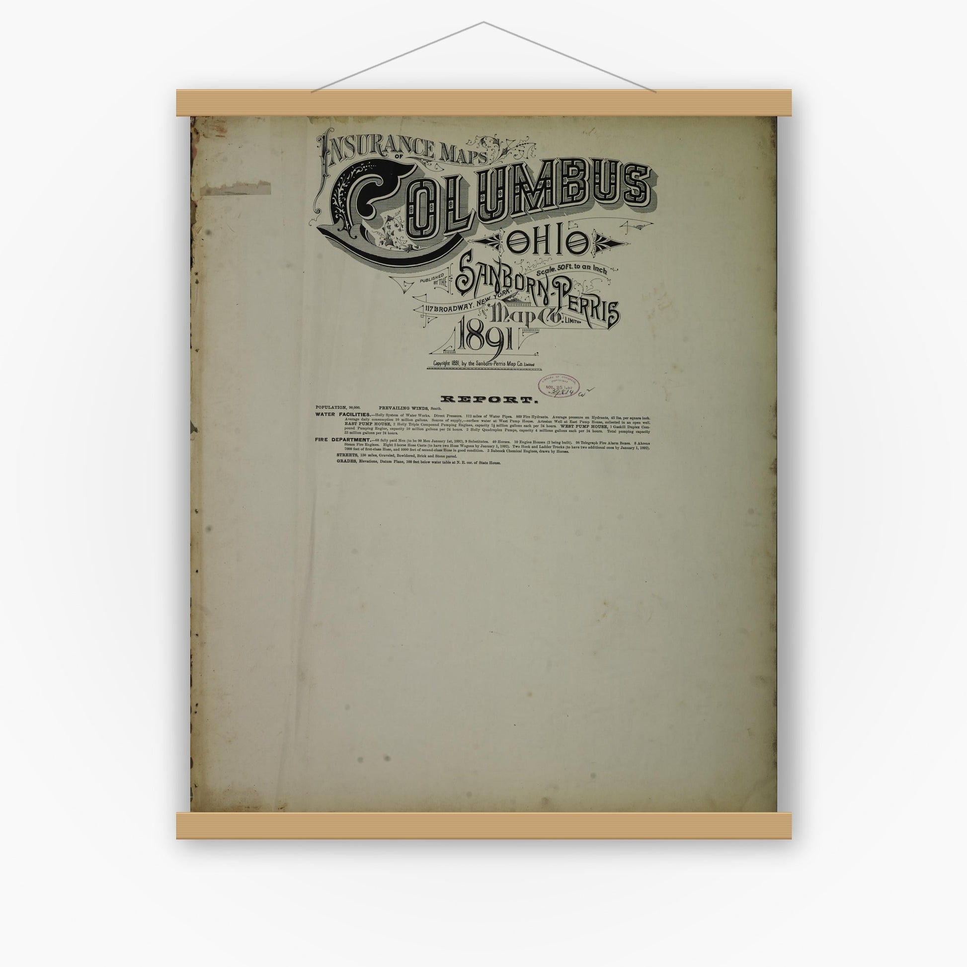 Old map wall art mockup — magnetic wood frame on white wall — Sanborn Fire Insurance Map from Columbus, Franklin County, Ohio (1891), Sheet #0001