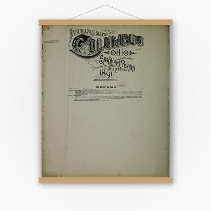 Old map wall art mockup — magnetic wood frame on white wall — Sanborn Fire Insurance Map from Columbus, Franklin County, Ohio (1891), Sheet #0001