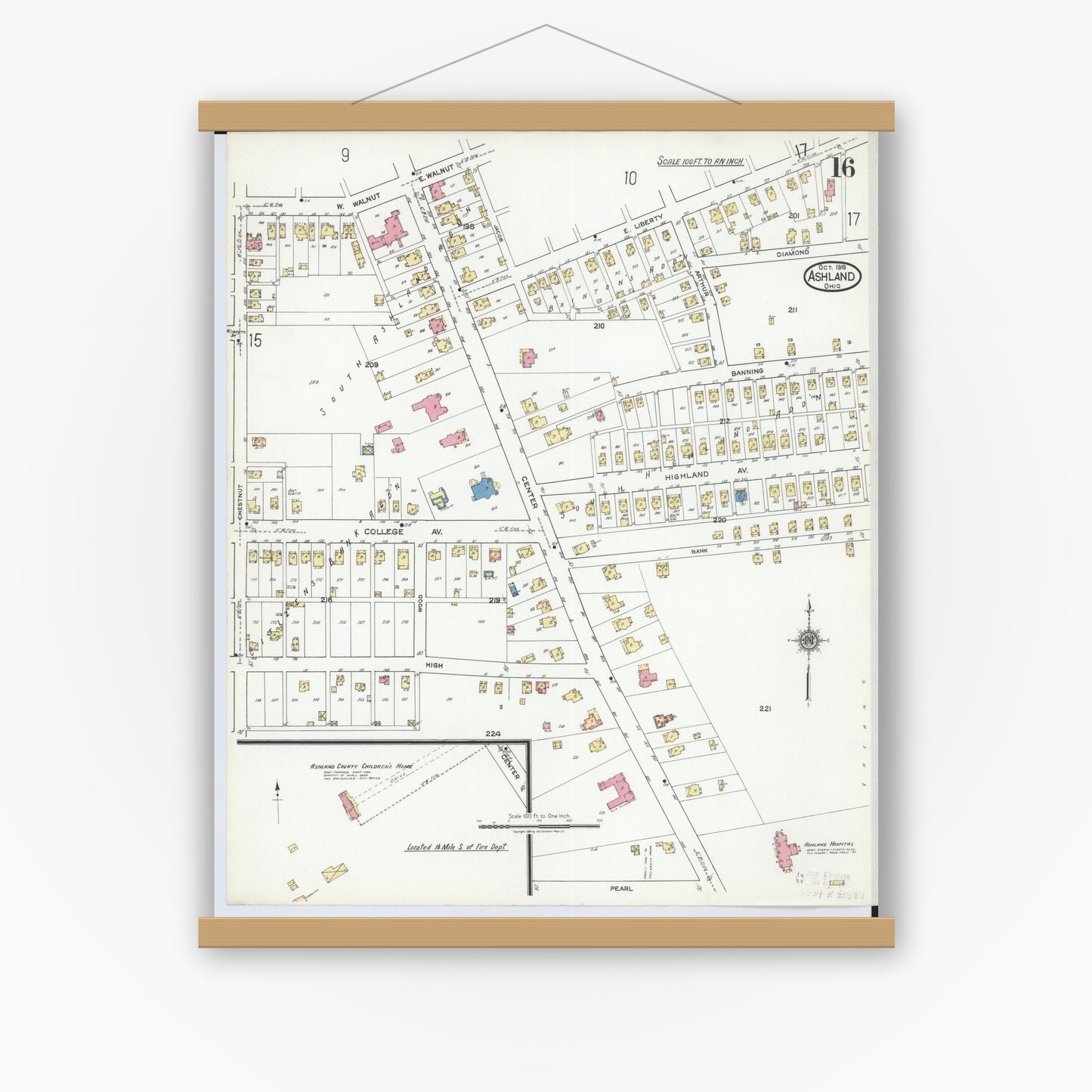 Old map wall art mockup — magnetic wood frame on white wall — Sanborn Fire Insurance Map from Ashland, Ashland County, Ohio (1919), Sheet #0016