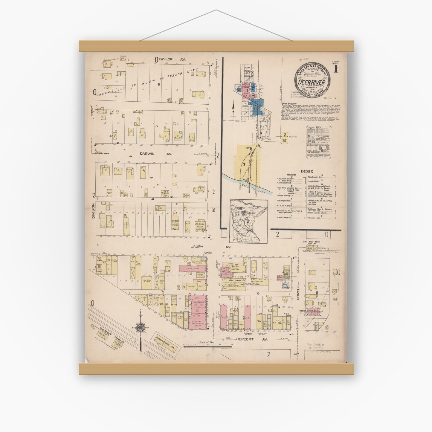 Old map wall art mockup — magnetic wood frame on white wall — Sanborn Fire Insurance Map from Deer River, Itasca County, Minnesota (1922) - Complete Map Set
