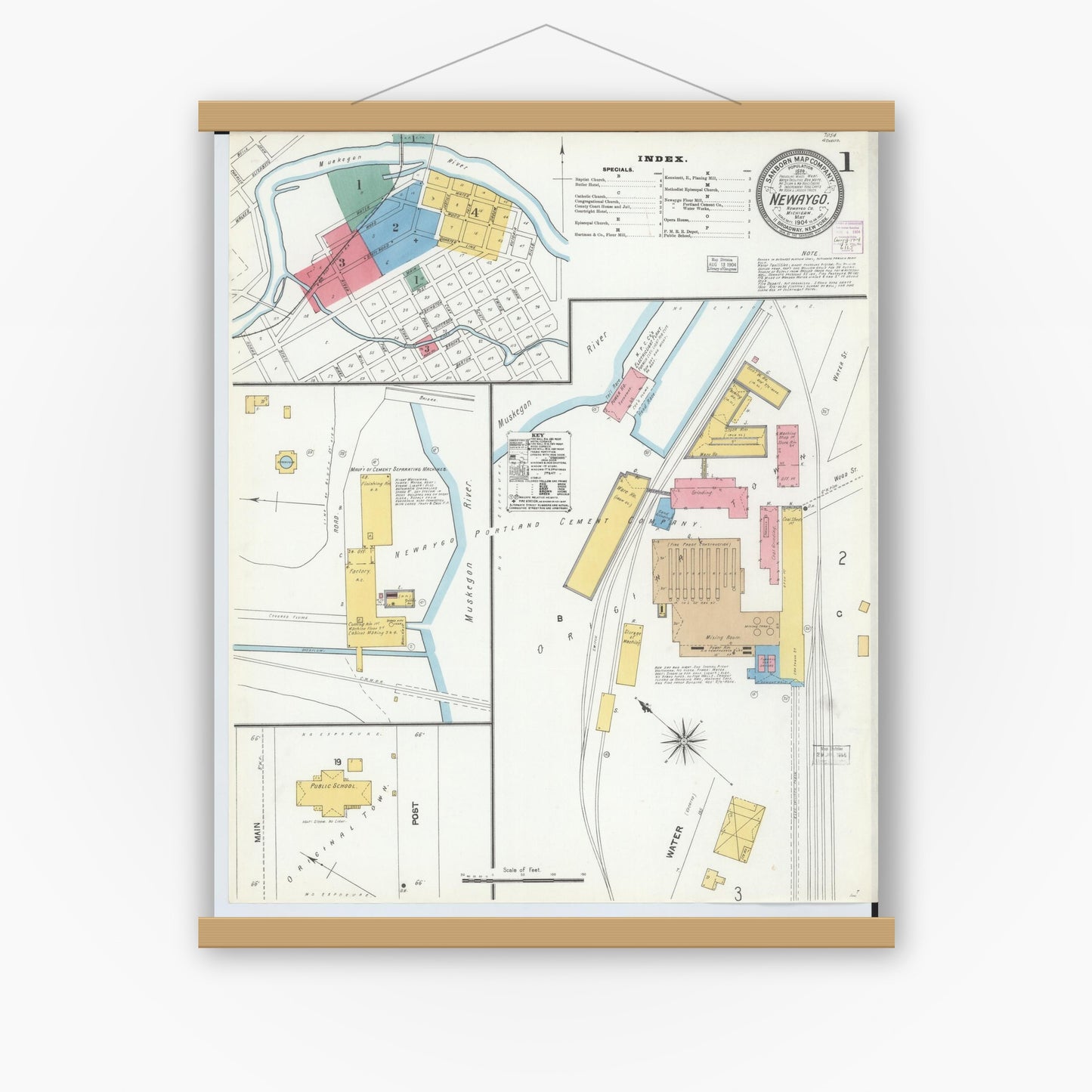 Old map wall art mockup — magnetic wood frame on white wall — Sanborn Fire Insurance Map from Newaygo, Newaygo County, Michigan (1904) - Complete Map Set
