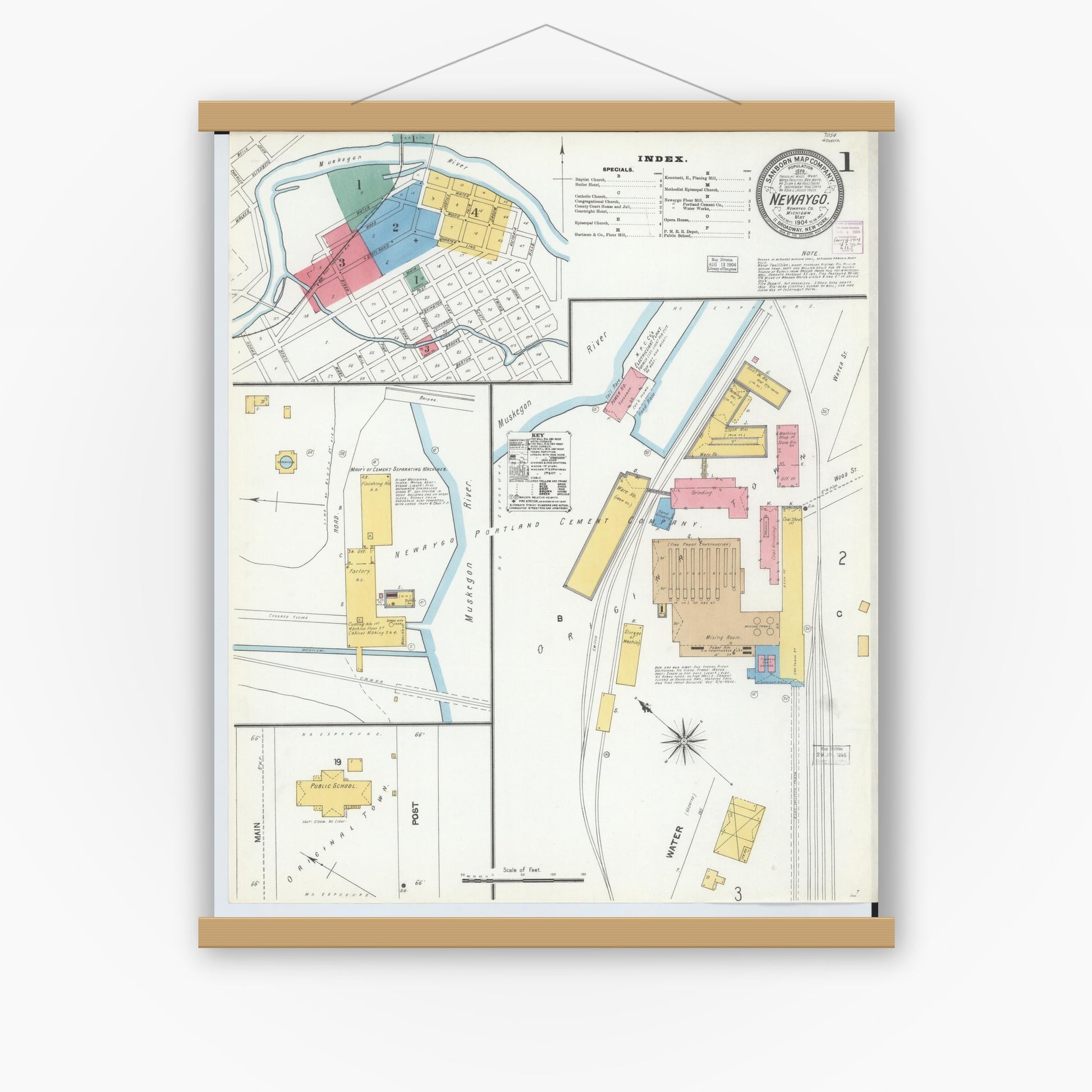 Old map wall art mockup — magnetic wood frame on white wall — Sanborn Fire Insurance Map from Newaygo, Newaygo County, Michigan (1904) - Complete Map Set