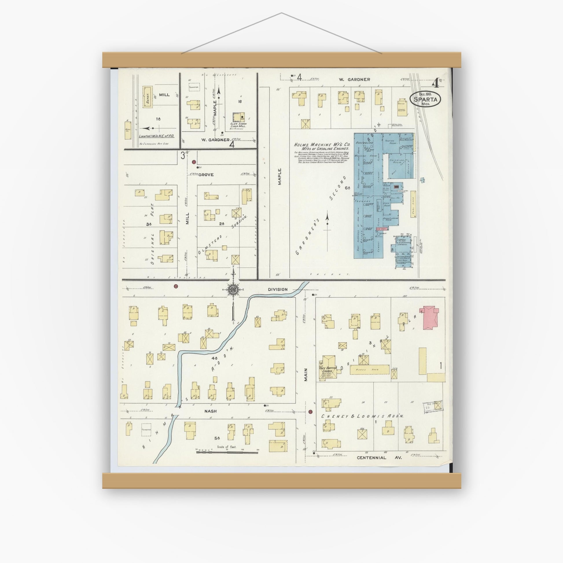Old map wall art mockup — magnetic wood frame on white wall — Sanborn Fire Insurance Map from Sparta, Kent County, Michigan (1910), Sheet #0004