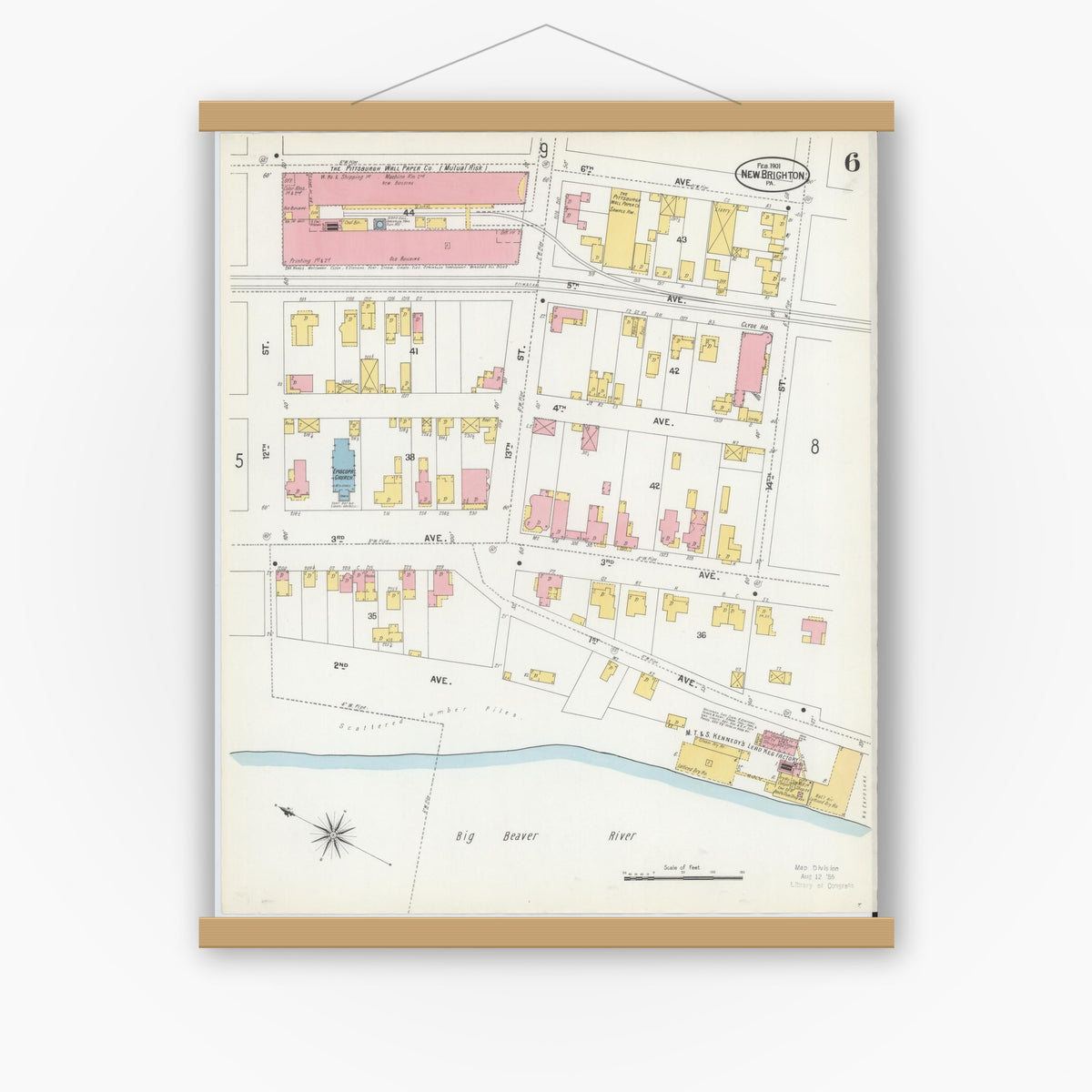 Old map wall art mockup — magnetic wood frame on white wall — Sanborn Fire Insurance Map from New Brighton, Beaver County, Pennsylvania (1901), Sheet #0006