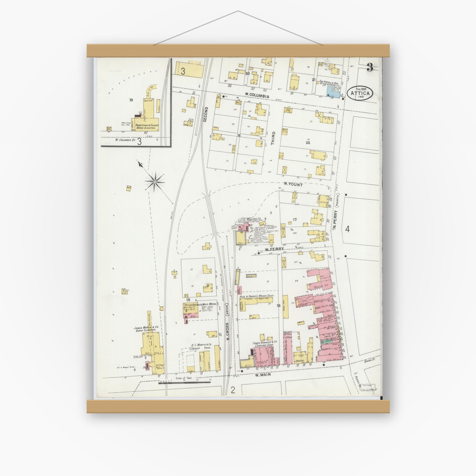 Old map wall art mockup — magnetic wood frame on white wall — Sanborn Fire Insurance Map from Attica, Fountain County, Indiana (1899), Sheet #0003