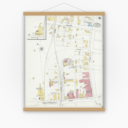 Old map wall art mockup — magnetic wood frame on white wall — Sanborn Fire Insurance Map from Attica, Fountain County, Indiana (1899), Sheet #0003