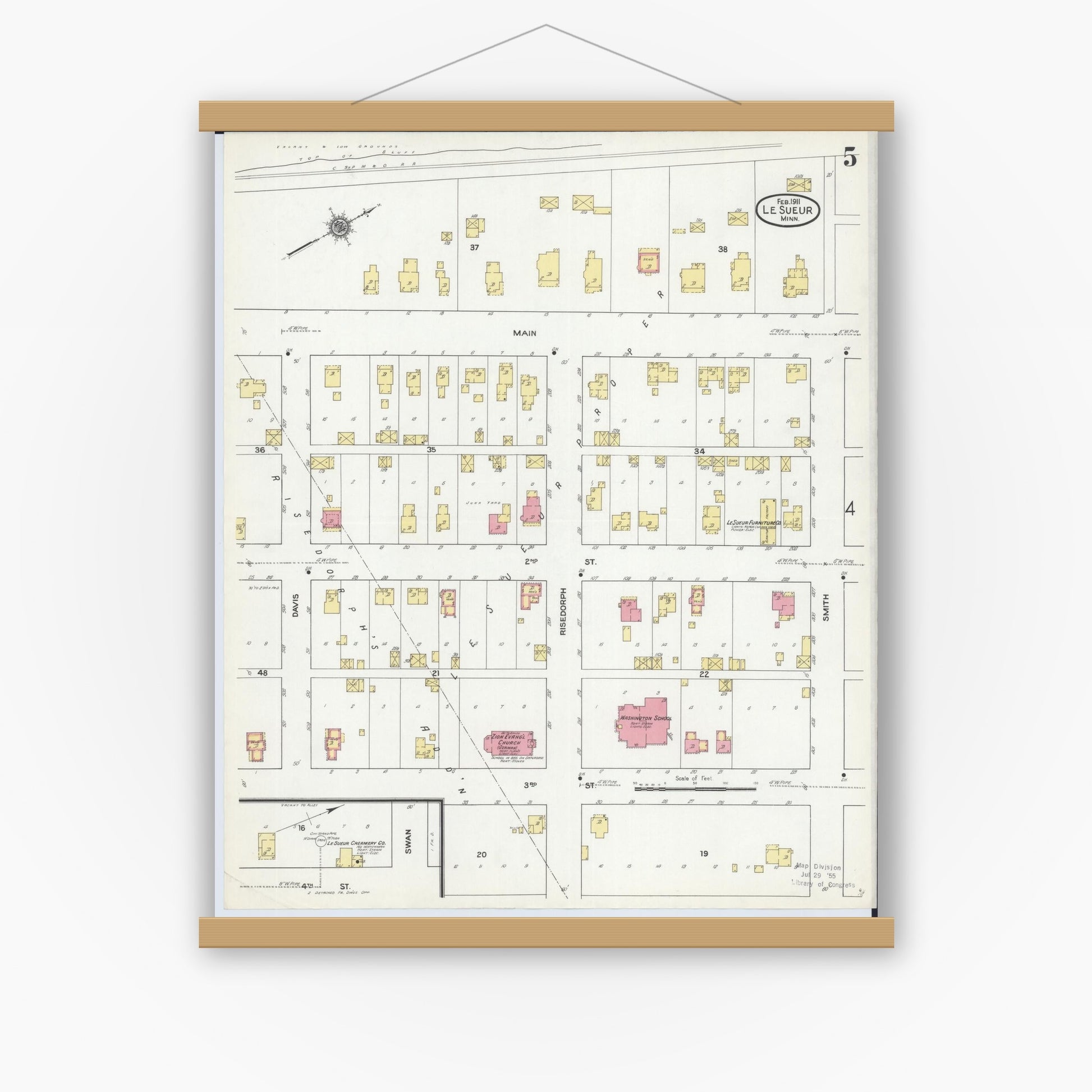 Old map wall art mockup — magnetic wood frame on white wall — Sanborn Fire Insurance Map from Le Sueur, Le Sueur County, Minnesota (1911), Sheet #0005