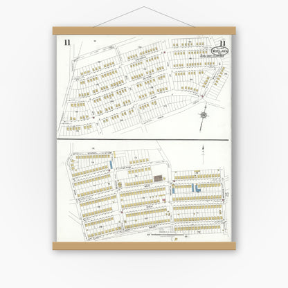 Old map wall art mockup — magnetic wood frame on white wall — Sanborn Fire Insurance Map from Woodlawn, Beaver County, Pennsylvania (1923), Sheet #0011