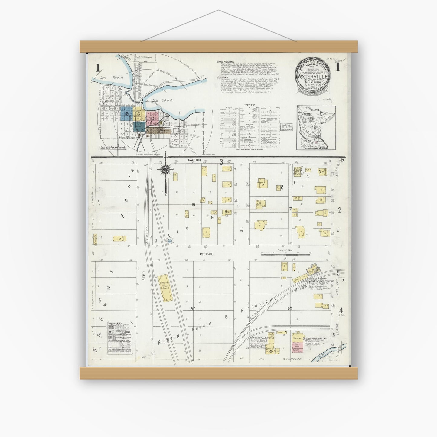 Old map wall art mockup — magnetic wood frame on white wall — Sanborn Fire Insurance Map from Waterville, Le Sueur County, Minnesota (1924), Sheet #0001