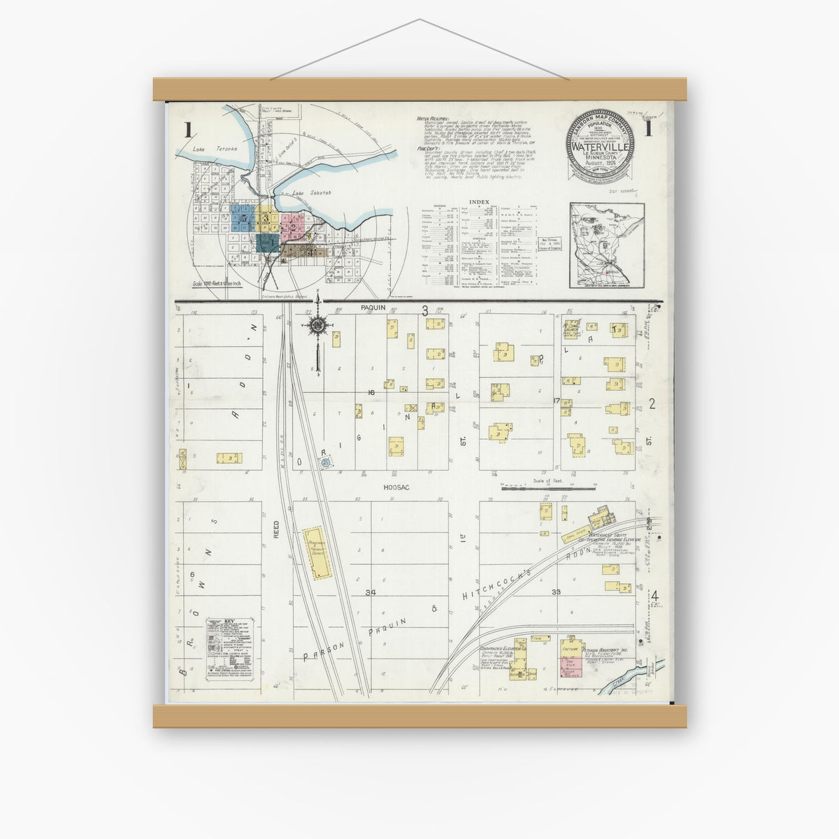 Old map wall art mockup — magnetic wood frame on white wall — Sanborn Fire Insurance Map from Waterville, Le Sueur County, Minnesota (1924), Sheet #0001