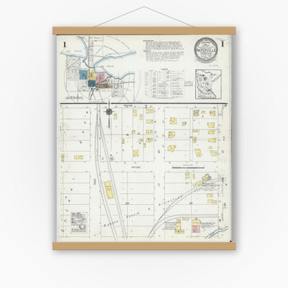 Old map wall art mockup — magnetic wood frame on white wall — Sanborn Fire Insurance Map from Waterville, Le Sueur County, Minnesota (1924), Sheet #0001