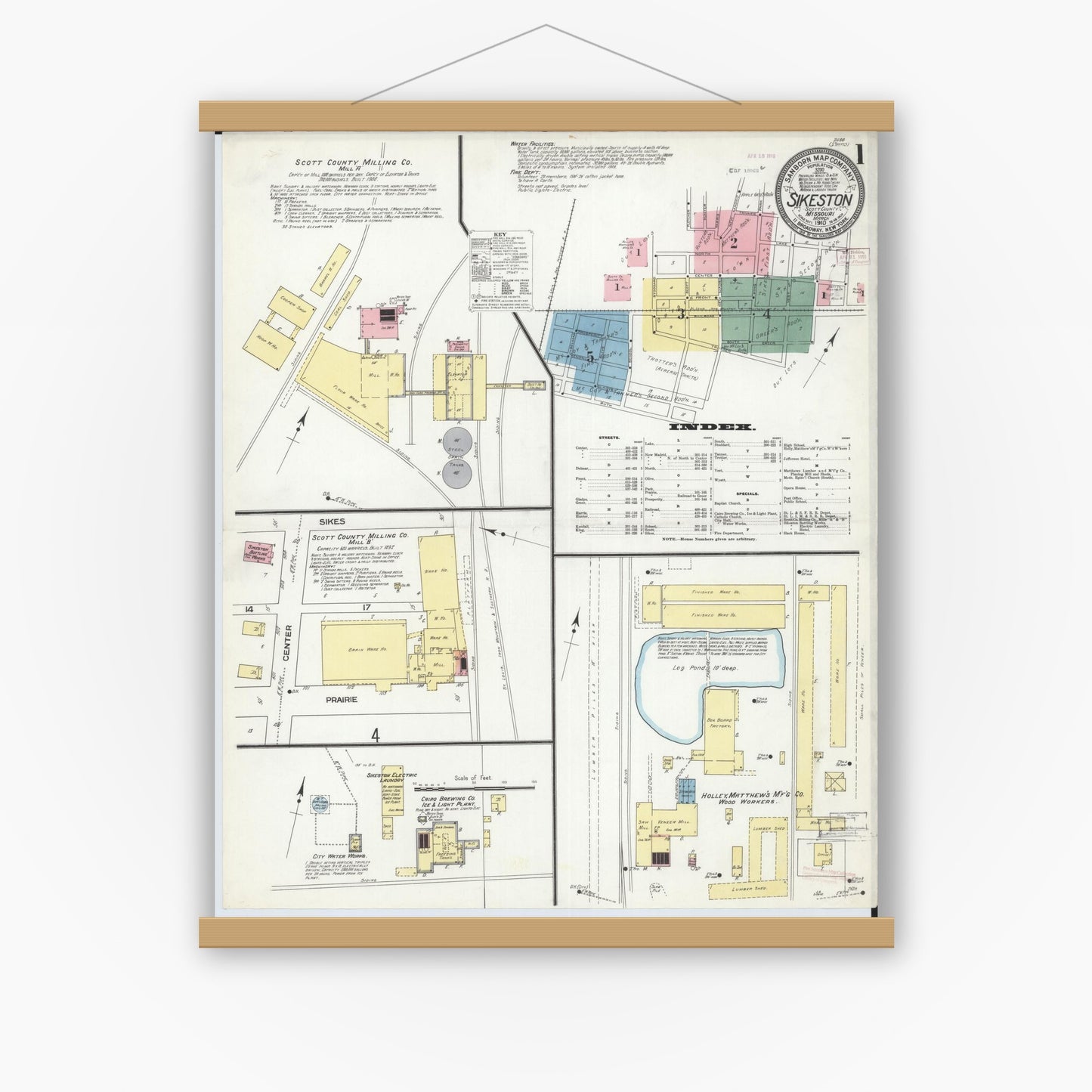 Old map wall art mockup — magnetic wood frame on white wall — Sanborn Fire Insurance Map from Sikeston, Scott County, Missouri (1910), Sheet #0001