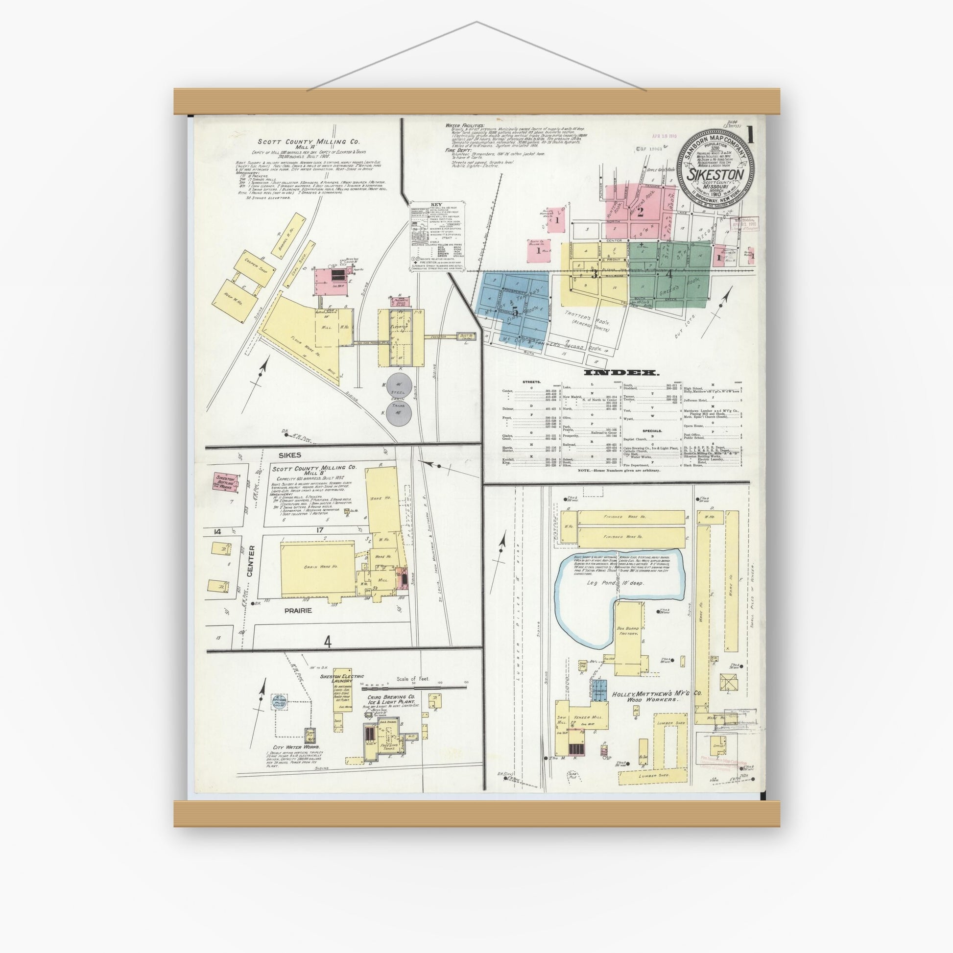 Old map wall art mockup — magnetic wood frame on white wall — Sanborn Fire Insurance Map from Sikeston, Scott County, Missouri (1910), Sheet #0001