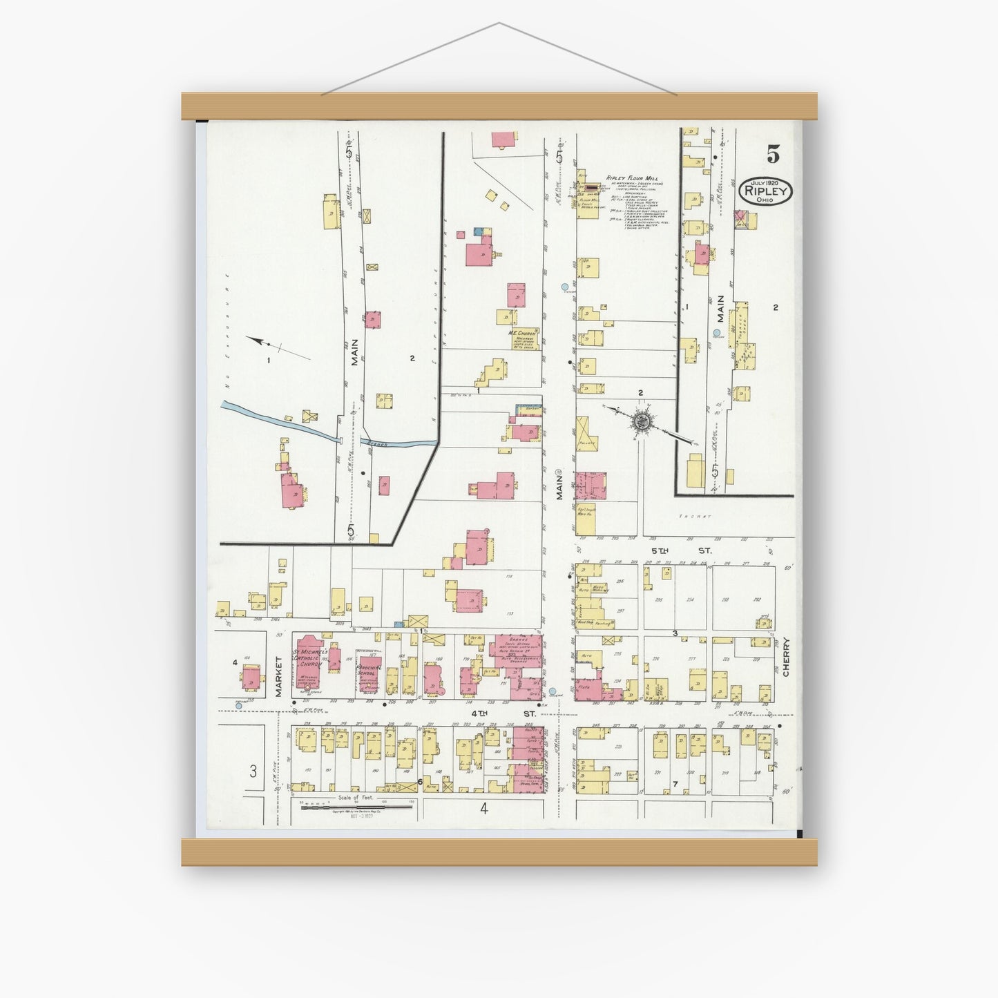 Old map wall art mockup — magnetic wood frame on white wall — Sanborn Fire Insurance Map from Ripley, Brown County, Ohio (1920), Sheet #0005