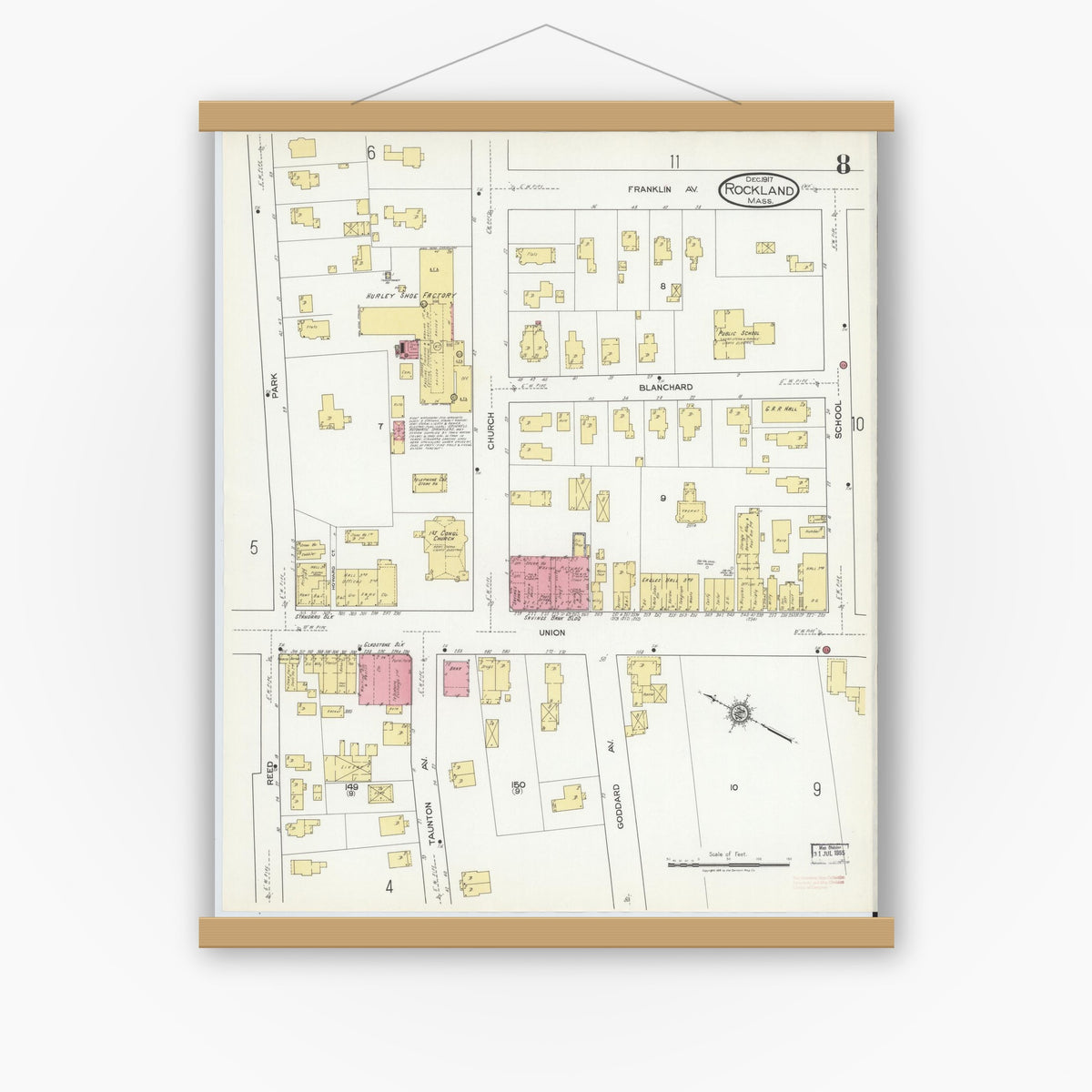 Old map wall art mockup — magnetic wood frame on white wall — Sanborn Fire Insurance Map from Rockland, Plymouth County, Massachusetts (1917), Sheet #0008
