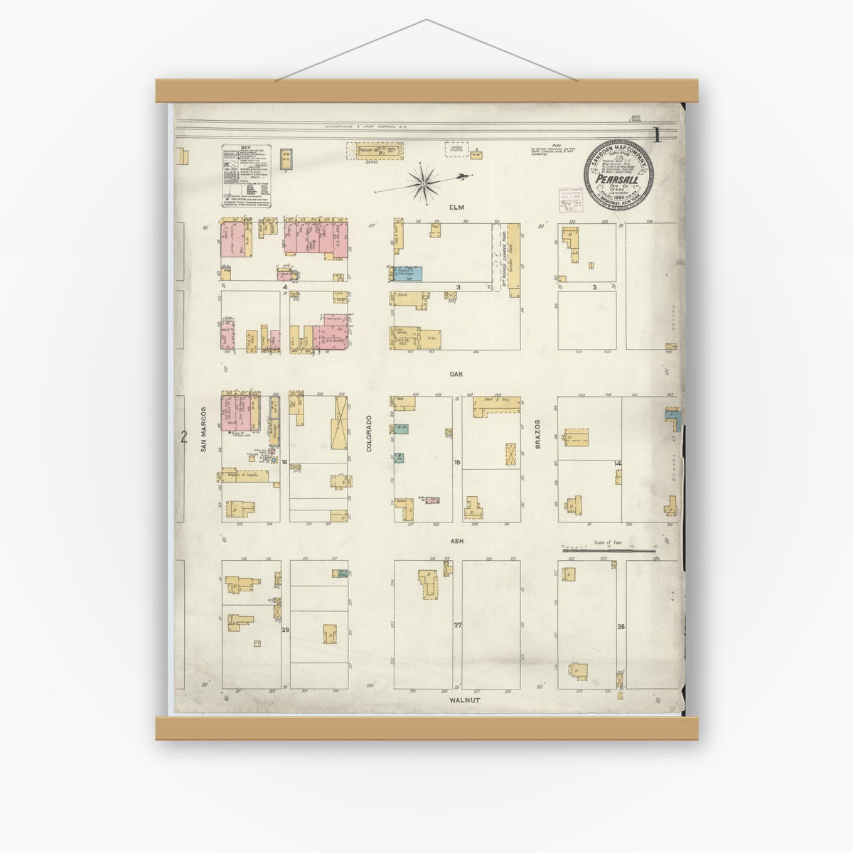 Old map wall art mockup — magnetic wood frame on white wall — Sanborn Fire Insurance Map from Pearsall, Frio County, Texas (1906) - Complete Map Set