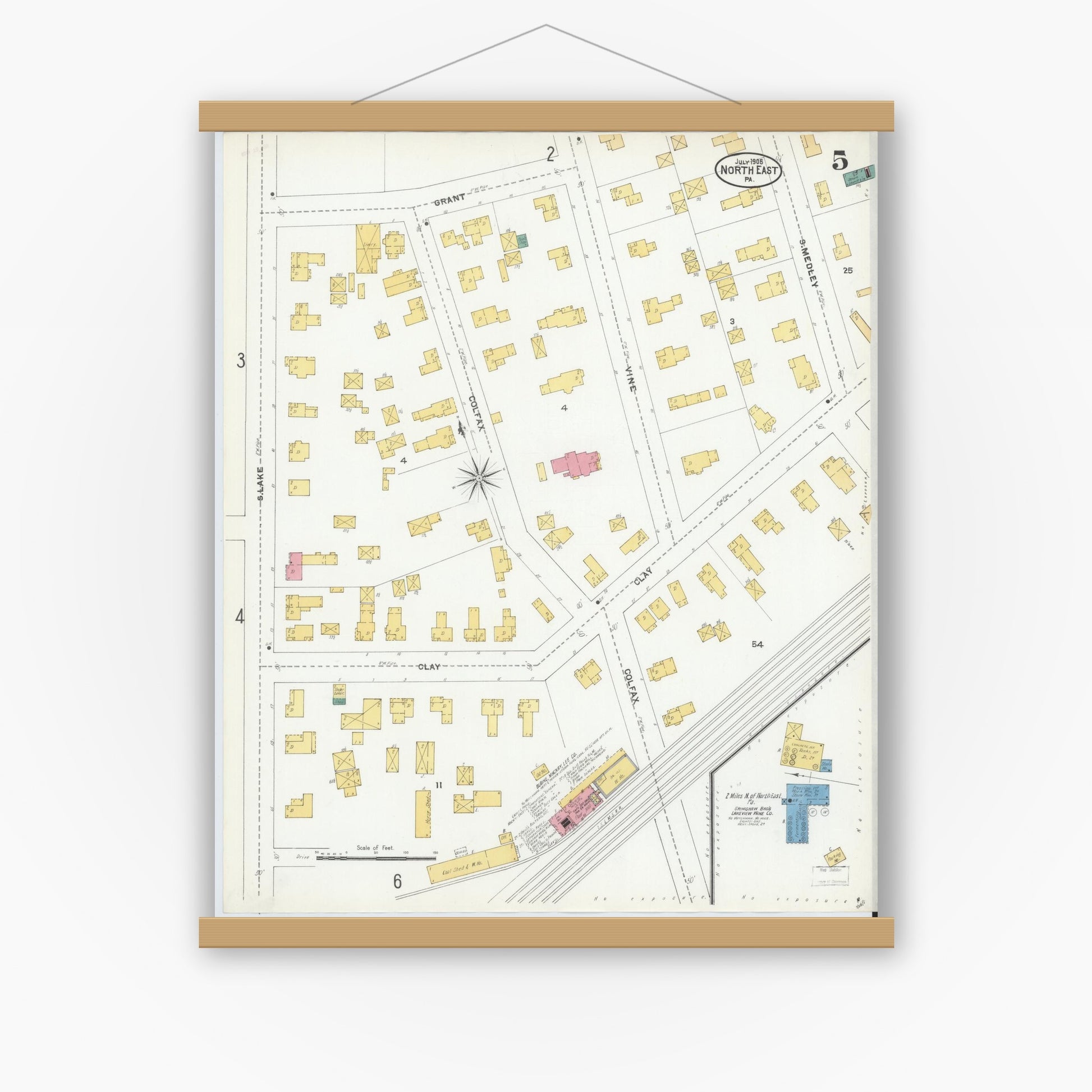 Old map wall art mockup — magnetic wood frame on white wall — Sanborn Fire Insurance Map from North East, Erie County, Pennsylvania (1905), Sheet #0005