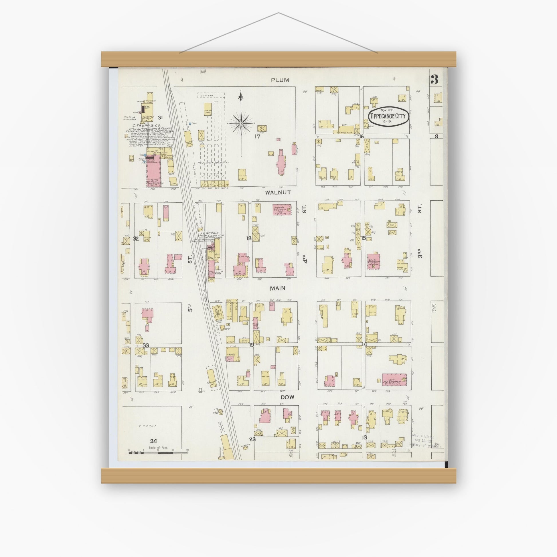 Old map wall art mockup — magnetic wood frame on white wall — Sanborn Fire Insurance Map from Tipp City, Miami County, Ohio (1892), Sheet #0003