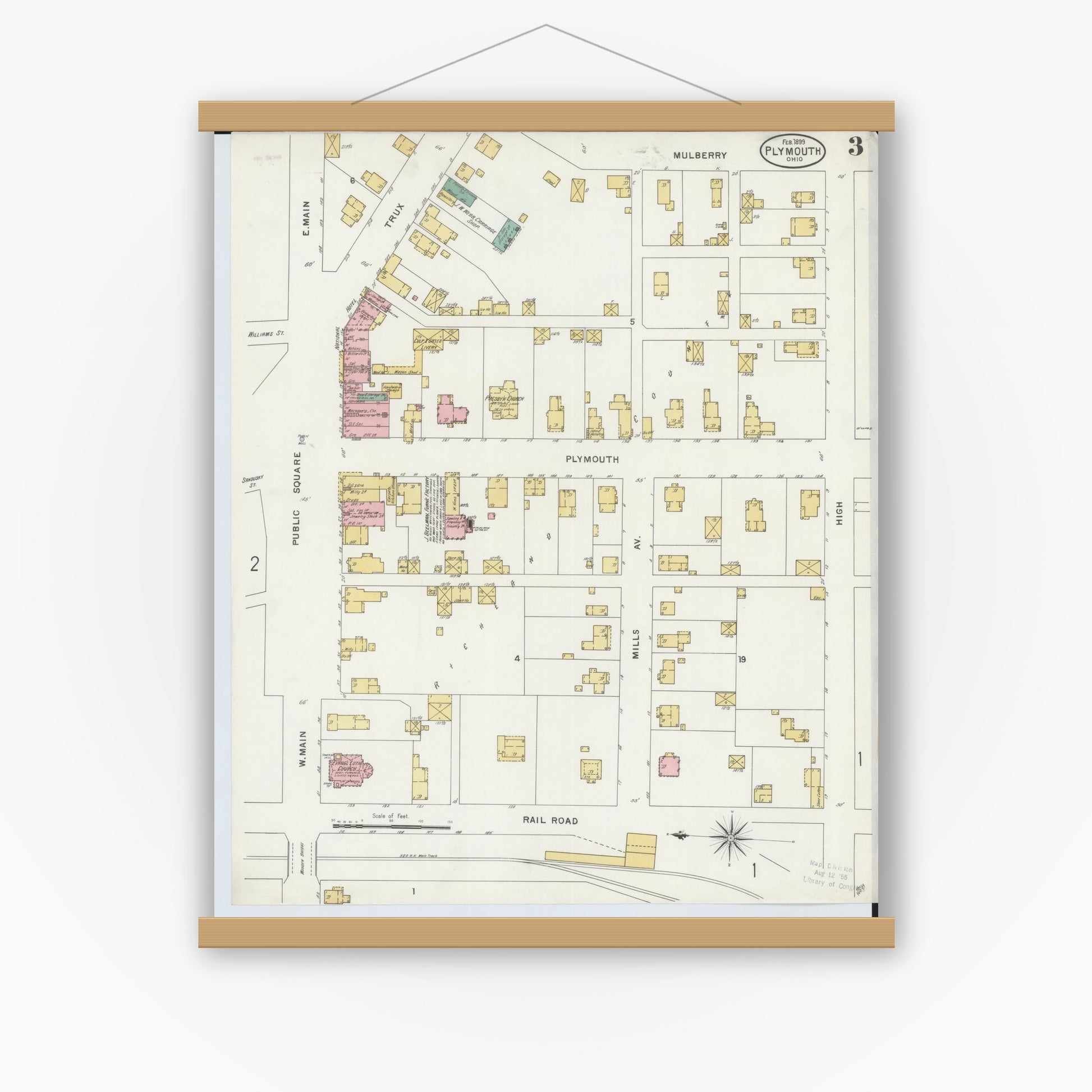 Old map wall art mockup — magnetic wood frame on white wall — Sanborn Fire Insurance Map from Plymouth, Huron And Richland Counties, Ohio (1899), Sheet #0003