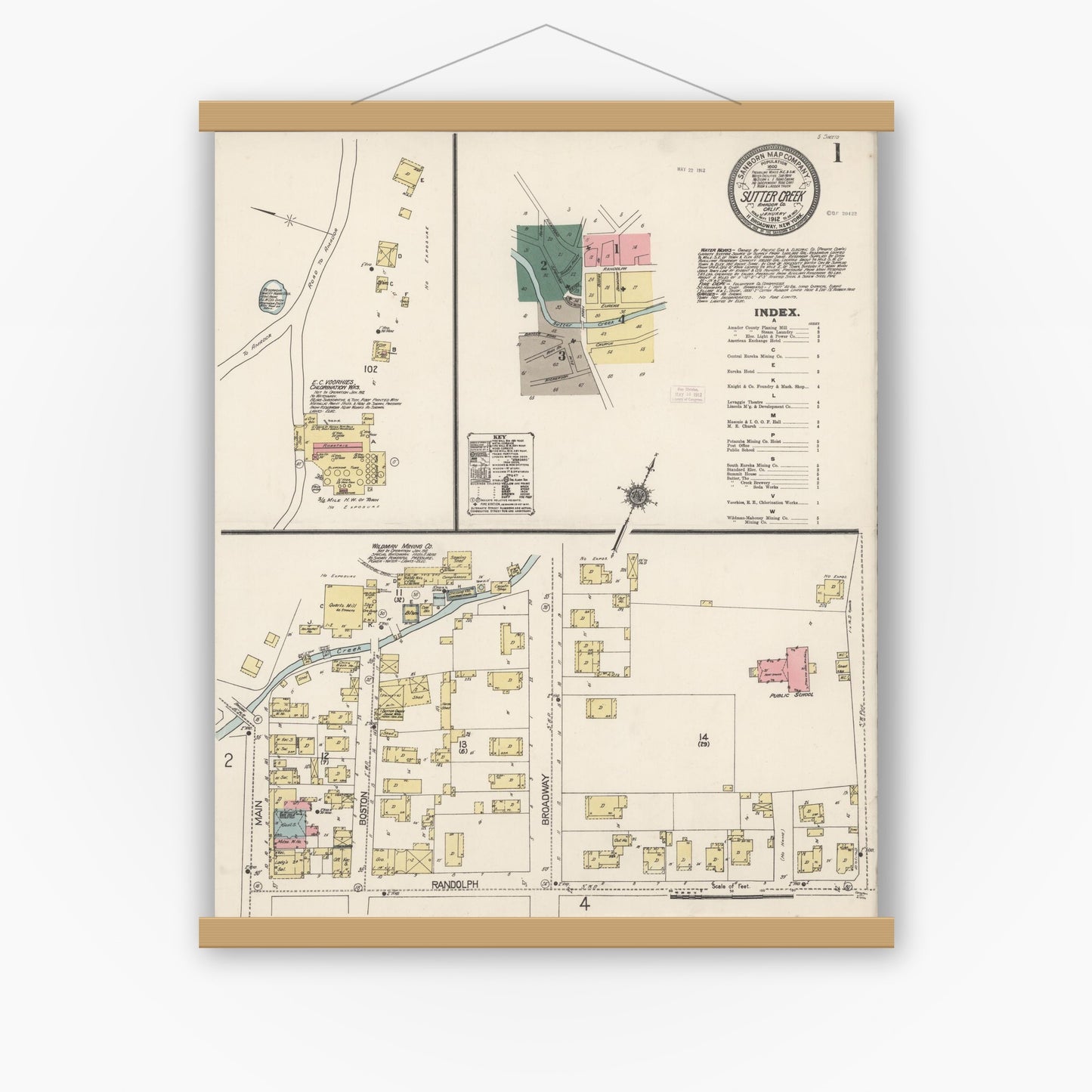 Old map wall art mockup — magnetic wood frame on white wall — Sanborn Fire Insurance Map from Sutter Creek, Amador County, California (1912) - Complete Map Set