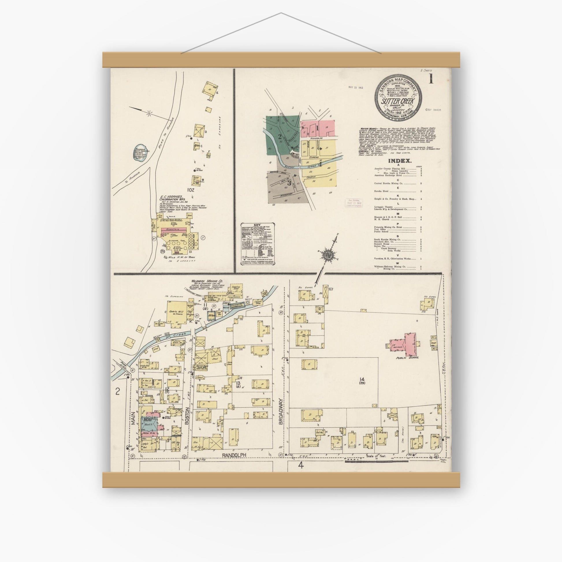 Old map wall art mockup — magnetic wood frame on white wall — Sanborn Fire Insurance Map from Sutter Creek, Amador County, California (1912) - Complete Map Set